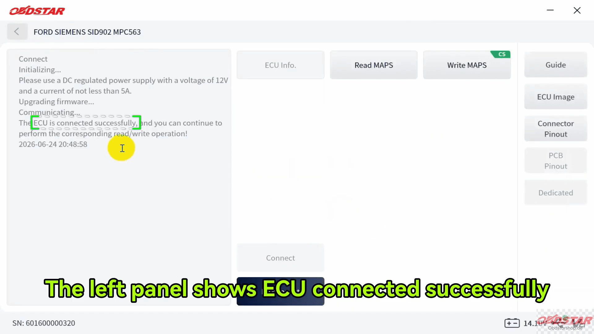 the ECU has been connected successfully