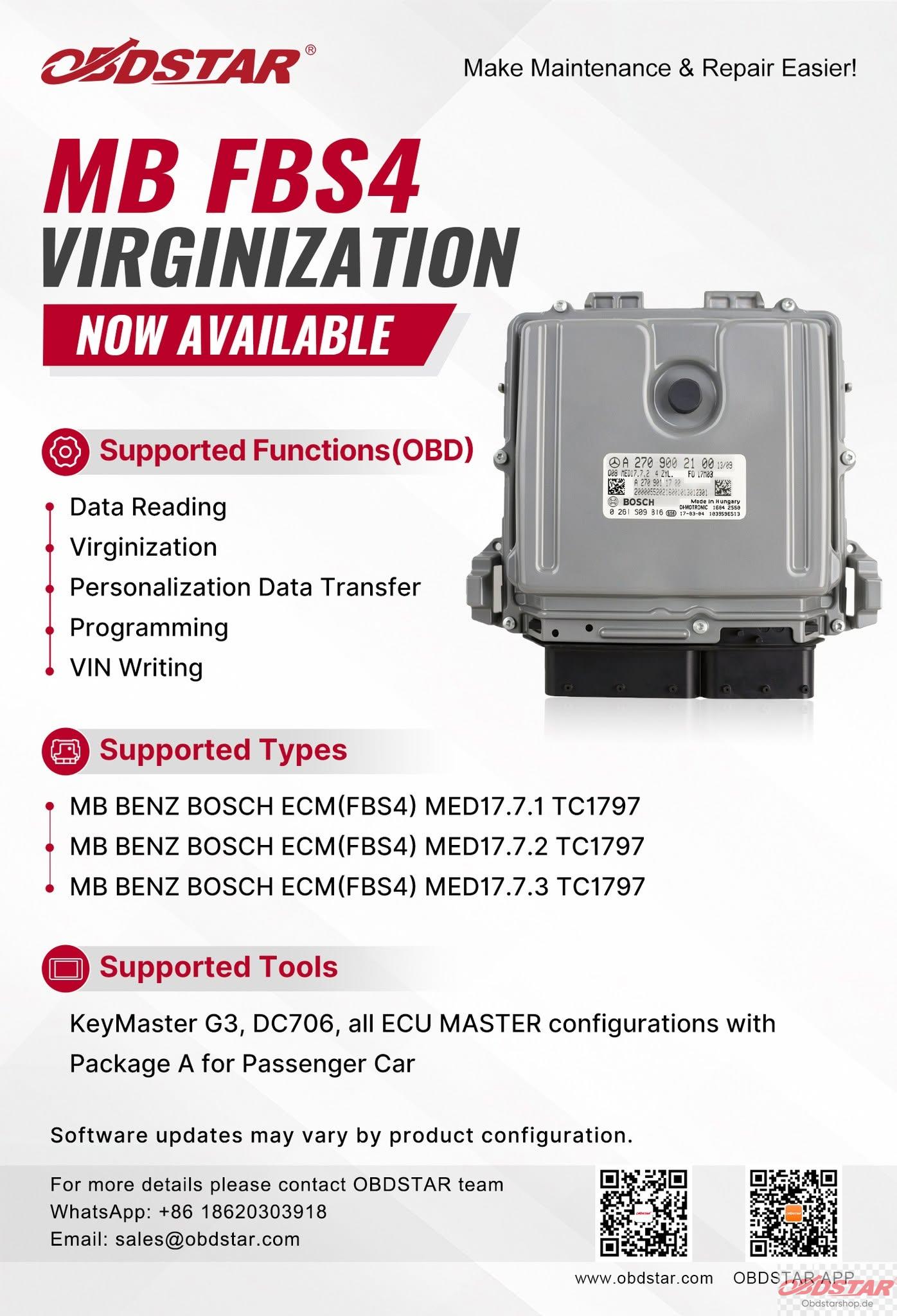 OBDSTAR MB FBS4 VIRGINIZATION NOW AVAILABLE